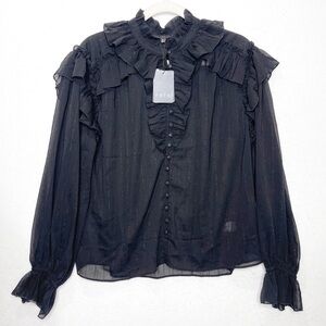 Fate Black Ruffle Sheer Peasant Top Shimmer Medium Goth Dark Academia Witch
